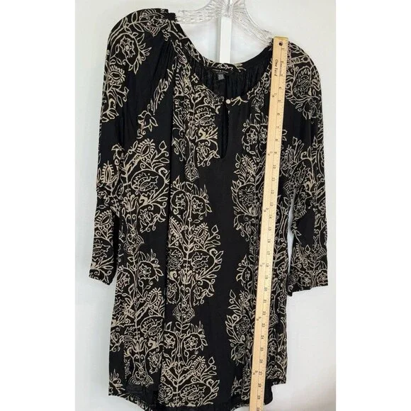 Lucky Brand Women’s 1X Black Beige Floral Boho Peasant Tunic Top Blouse - Picture 6 of 12